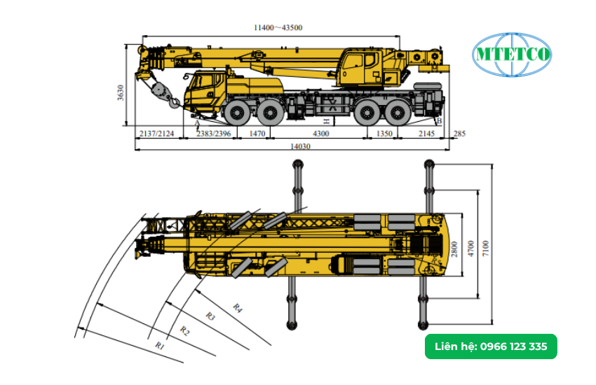 Kích thước cẩu bánh lốp XCMG QY50KD 50 tấn